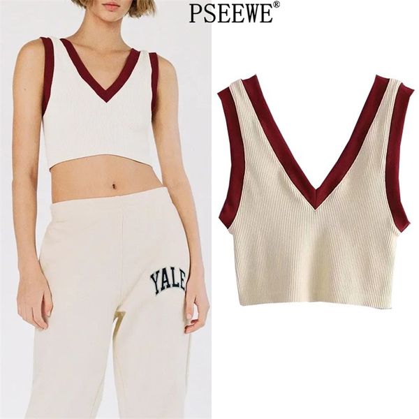 Crop Top Top Women Contrasta Beige Wide cinghie Woman Sports Fashion V Neck Sexy Women's Summer S 210519