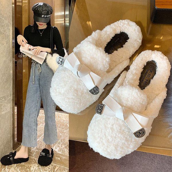 

fluffy slippers women's winter wear 2021 all-matching flat shoes net red cotton cute girl toe cap semi slipper, Black