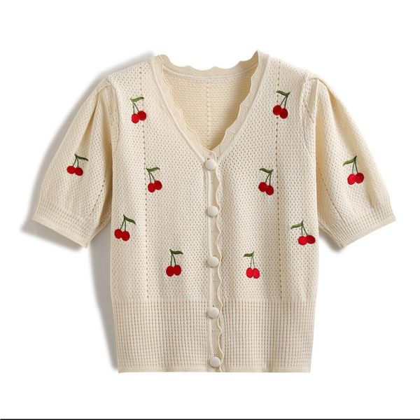 

women's knits & tees sweet cherry embroidery v neck sweater women puff short sleeve thin knit cardigan womem casual vintage kroean chic, White