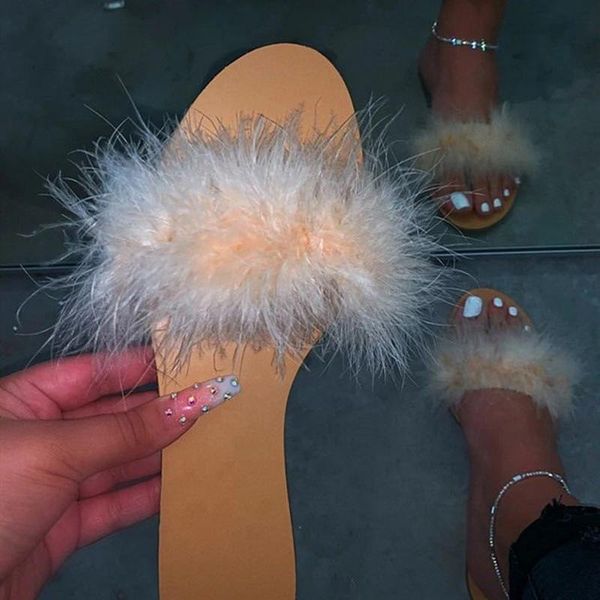 

2021 big full fur slippers hair slides beach slides holiday fur for women dropship, Black