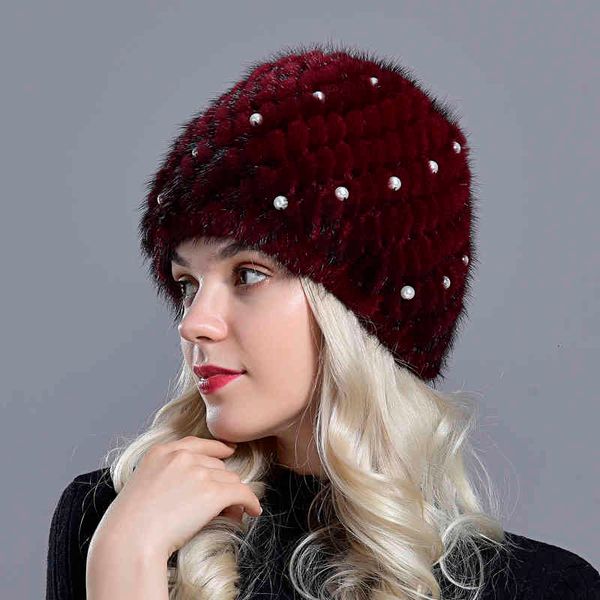

new pearl fur hat for women winter warm beanies hand sewn beads natural mink knitted beanie hats female stylish headwear, Blue;gray