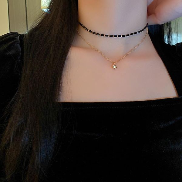 

pendant necklaces temperament black crystal choker necklace jewelry rhinestone round double clavicle chain woman party gift, Silver
