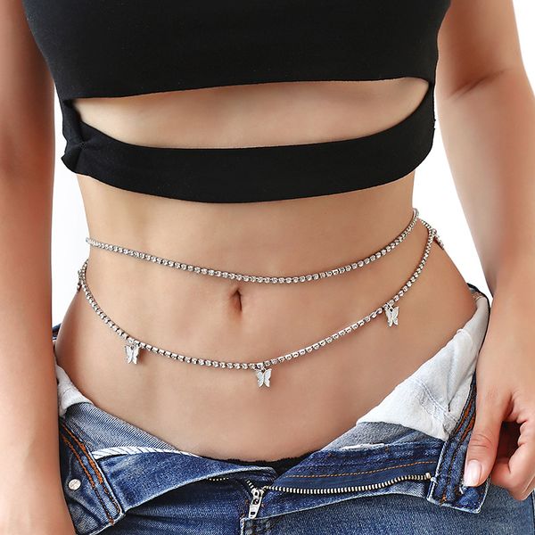 

fashion faux rhinestone waist chain body jewelry butterfly decorations women cute belly button chain bikini waist accessories, Silver