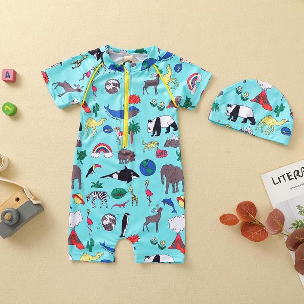 

toddler baby boys girls cartoon animal swimsuit jumpsuit swimwear for children girl sun protect hat bathing suit clothes 6m-5t one-pieces, Black