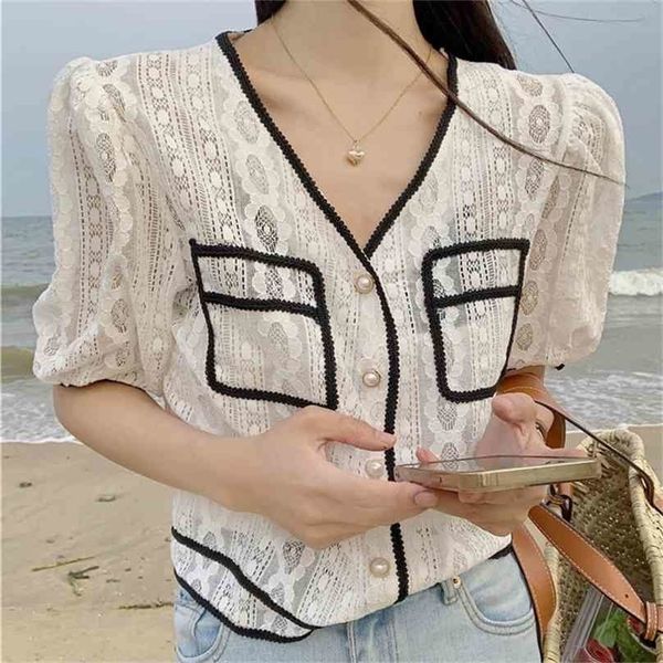 

chic elegant v-neck patchwork color-hit slim lady ol femme shirt retro loose-fitting blouse blusas 210525, White
