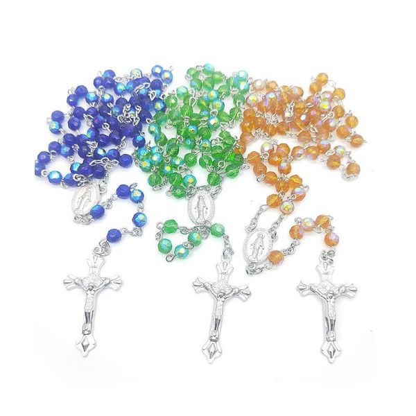 

crystal beads rosary neckalce jewelry classic jesus prayer necklaces cross pendant chains fashion accessories, Silver