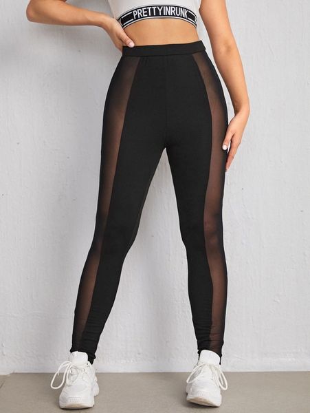 

contrast mesh high waist leggings h3ha#, Black