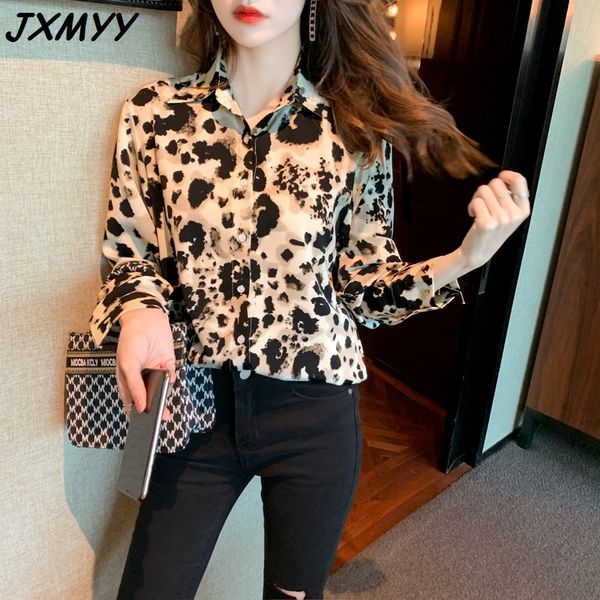 Camisa Fêmea Primavera New Hong Kong Sabor Sente De Design Sentido Nicho Leopardo Impressão de Manga Longa Chiffon Camisa JXMYY 210412