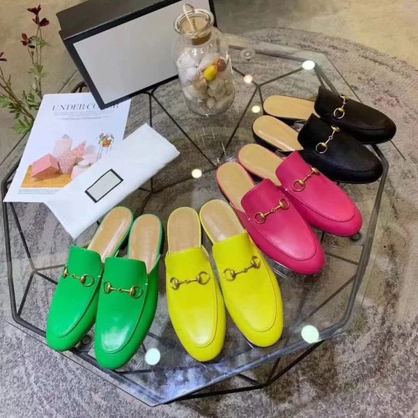 

designer princetown slippers women mules loafers genuine leather slipper men women sandal metal buckle shoes lace velvet slipper with box, Black
