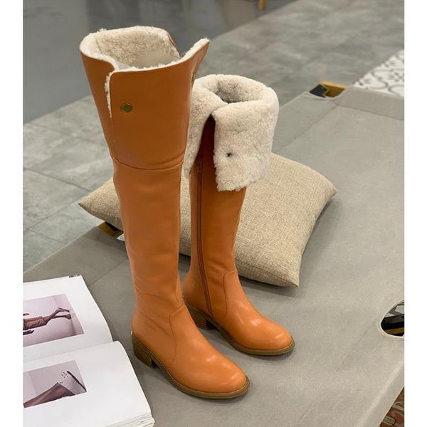 

boots over the knee snow wool sheep fur turn thigh high brown leather flat heel winter warm shoes women, Black