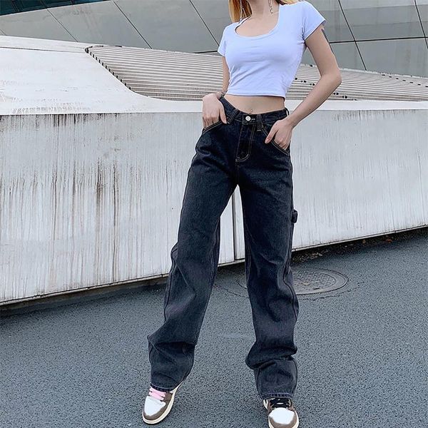 

women's jeans 2021 woman high waist retro white black trousers straight overalls pants long loose wide leg for women, Blue