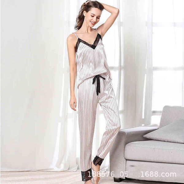 

women's sleepwear woman lace v lead stripe camisole trousers set pajamas loose comfortable satin mex0, Black;red