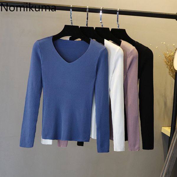 

nomikuma solid color v neck basic pullover slim knitted short sweater long sleeve all-match jumpers ladies ropa mujer 3d697 210514, White;black