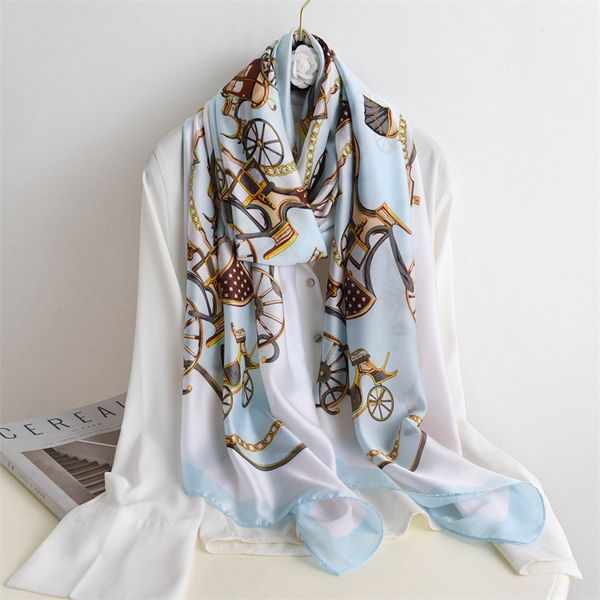 

2021 new silk scarf women's thin shawl sunscreen beach towel decoration versatile printed crimped four seasons scarf, Blue;gray