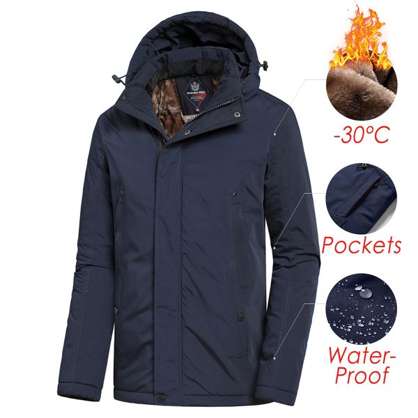 

men winter casual long thick fleece hooded waterproof parkas jacket coat men outwear fashion pockets parka jacket 46-58, Black