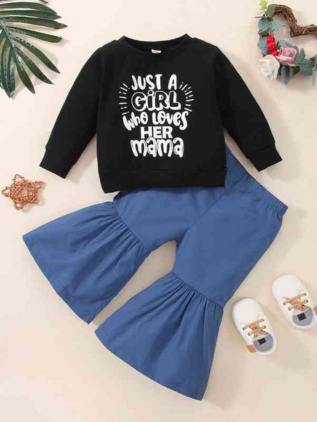 

baby slogan graphic pullover & flare leg pants she, White