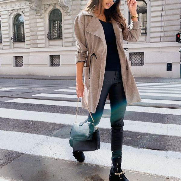 

women's jackets solid color femme drawstring long coatfor women 2021 autumn winter turn-down collar parka jacket vintage americana muje, Black;brown