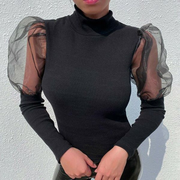 

women's blouses & shirts hirigin fashion women casual puff mesh sleeve shirt pullover high neck blouse elegant sweet streetwear solid, White
