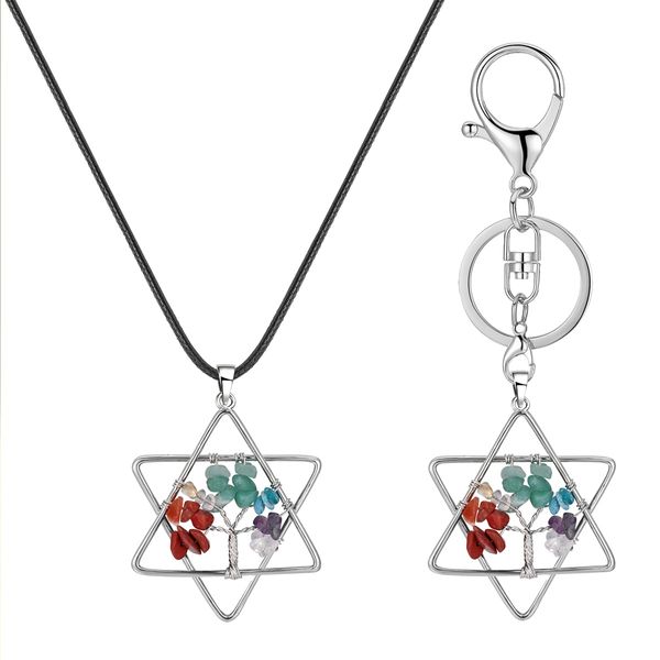 

melcaba six pointed star wound life tree pendant seven chakra necklace natural healing crystals quartz gemstone pendants, Silver