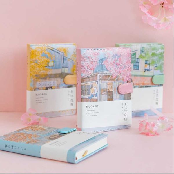 

japan selling cute sakura flower printing soft touch hardcover pu leather b6(135*193mm) magnet diary planner journal notepads, Purple;pink