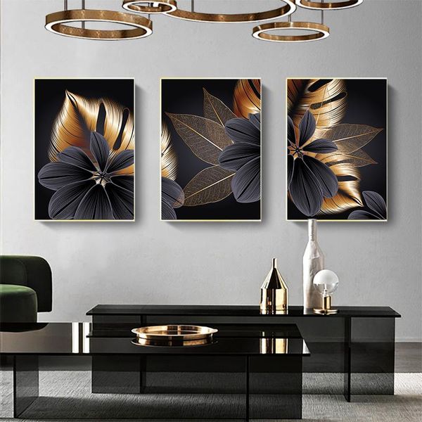

paintings black golden plant leaf canvas poster print modern home decor abstract wall art painting nordic living room decoration picture