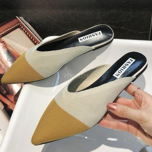 

slippers women fashion knitting pointed half slides mules loafers casual female summer shoes flat sandals zapatillas de casa, Black