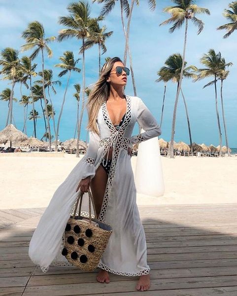

women's swimwear melphieer 2021 cotton white beach dress long cover up woman bikini tunic pareos robe plage beachwear outfit, White;black
