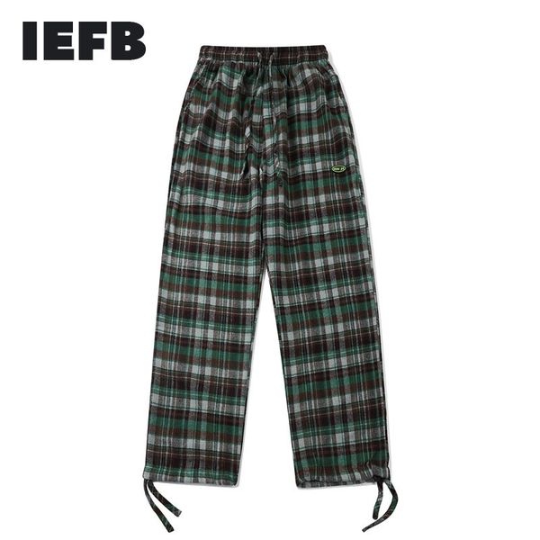 

iefb spring casual pants streetwear trend harajuku style elastic waist plaid print pants man drawstring bottom trouser 210524, Black