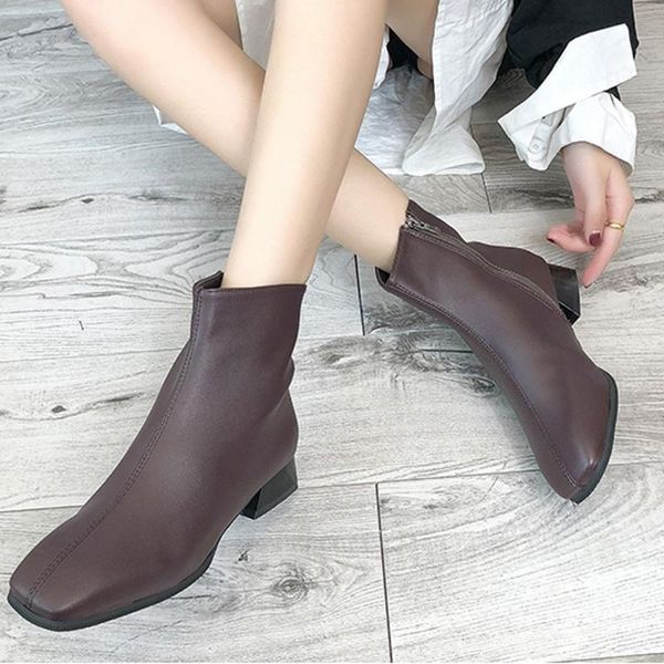 

boots shoes woman leather autumn winter women fashion square low-high short lace-up ankle boots#4, Black