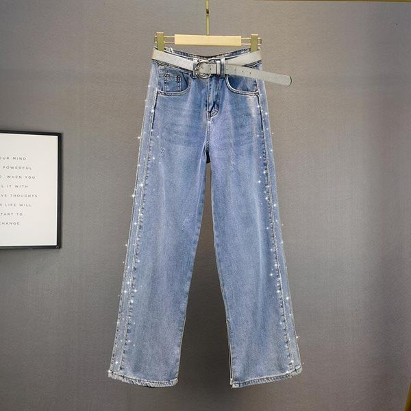 

wide-leg jeans for women 2021 spring waist loose drilling washed denim pants ladies jean femme women's, Blue