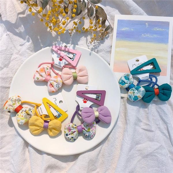 

hair accessories 3 pcs korea sweet girl simple colorful triangle bb clip fashion cute children floral fabric bow rubber band, Slivery;white