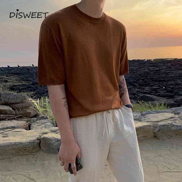 

t shirt korean knitted round neck t-shirt man fashionable solid loose summer tees men's casual slim-fit khaki boy top, White;black