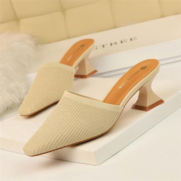 

women's shoes spring and autumn thick-heeled high-heeled wool hollow square head simple versatile slippers, Black