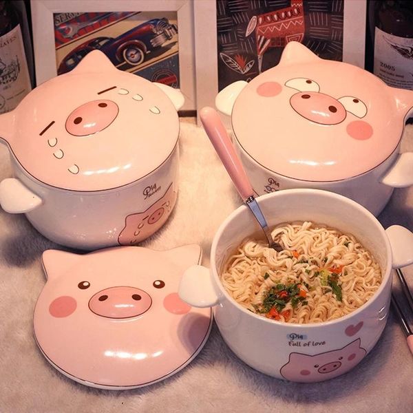 

bowls ceramic pig bowl creativity cartoon high capacity instant noodle fruit with lid salad tableware home kitchen accessories