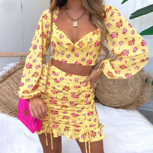 

skirts 2021 spring autumn fashion two-piece floral chiffon short skirt with wood ears halter lantern sleeve long pleated, Black