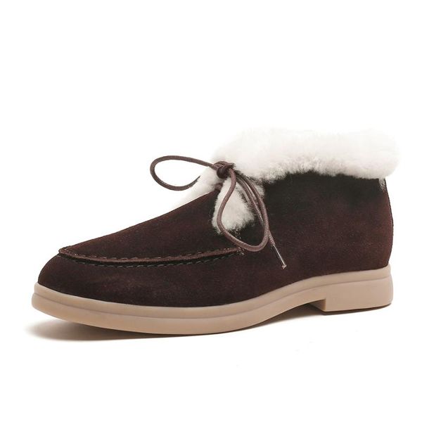 

boots women luxury snow natural fur genuine suede leather ankle winter warm comfortable lace up flat wool booties shoes, Black