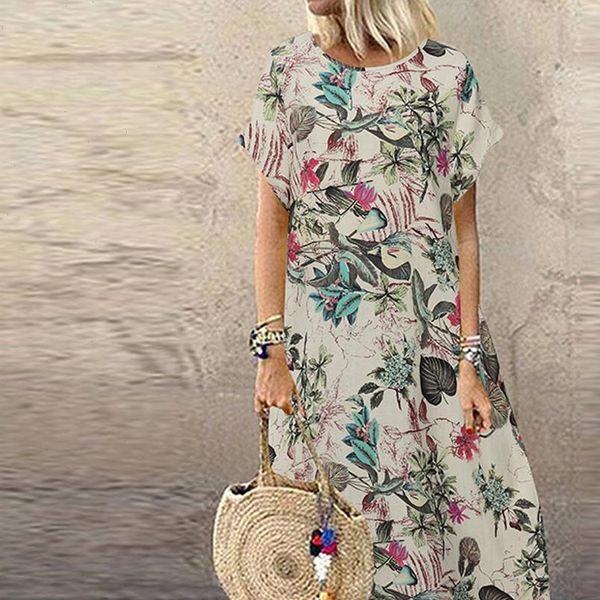 

summer womens dress fashion plus size casual short sleeve boho retro linen print long maxi wholesale ship, Black;gray