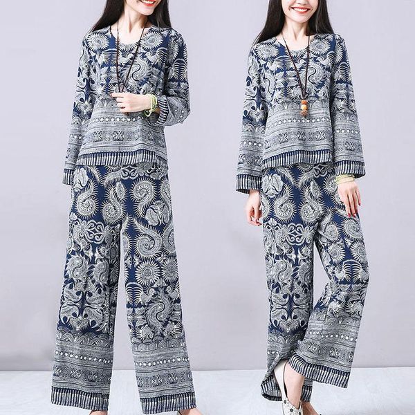 

women's two piece pants buykud vintage suits 2021 autumn pattern nation wind suit-dress round neck printed and cotton leisure loose, White