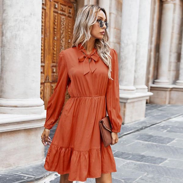 

autumn women's fashion solid color v-neck high waist long sleeve cotton dress elegant ladies bow-knot party 2021 casual dresses, Black;gray