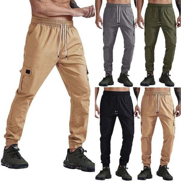 

man fashion hip pants men sweatpants casual elastic joggings solid sport baggy pockets trousers men's, Black