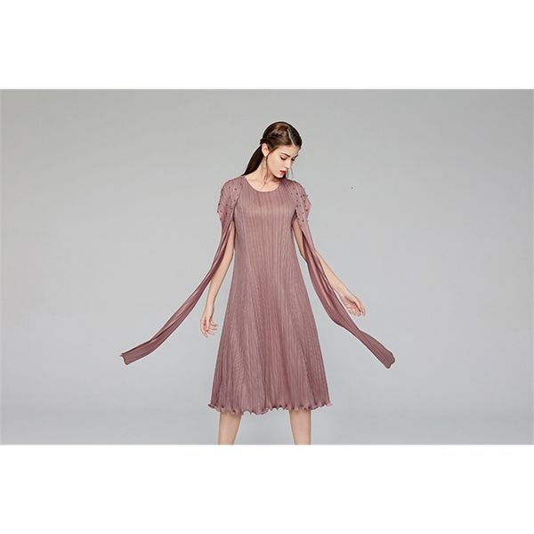 

dress fashion miyake fold solid short sleeve o-neck beaded ruffle, Black;gray