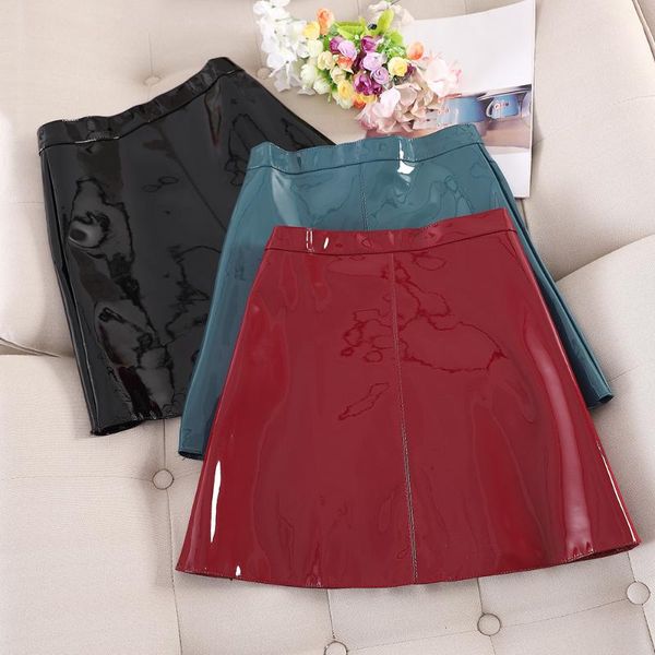 

skirts singrain women pu skirt a-line clubwear high waist short fashion candy color party solid mini faux leather, Black