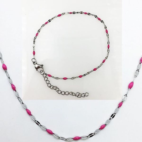 

chains luxury fashion 2021 ladies stainless steel necklace bracelet color enamel beaded chain birthday gift jewelry wholesale, Silver