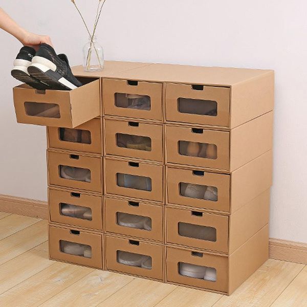 

1pcs paper shoe box stackable foldable organizer drawer storage case with flipping clear door ladies men clothing & wardrobe