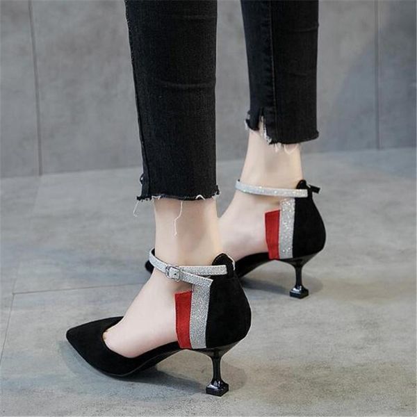 

dress shoes women ankle strap two pieces spring pumps ladies buckle pointed toe suede thin high heels female fashion, Black