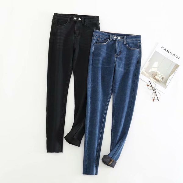 

jeans f8840 - korean women's clothing autumn and winter 2021 high waist two button plush leggings, Blue