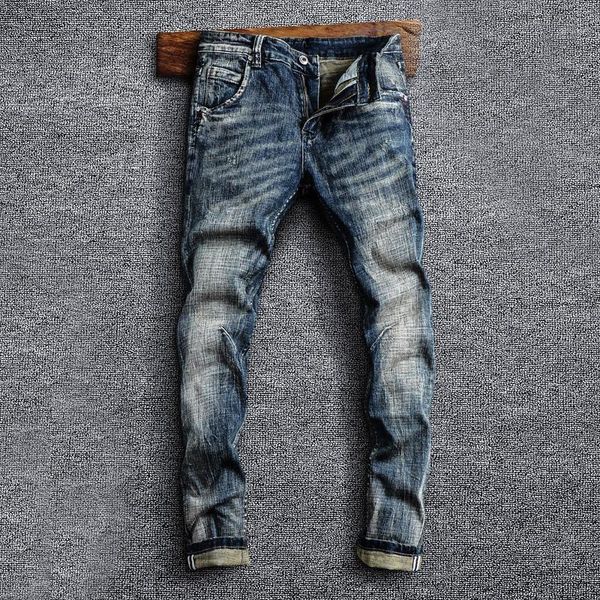 Jeans masculinos estilo italiano moda homens retrô azul escuro elástico magro apto rasgado designer spled vintage calças denim casuais