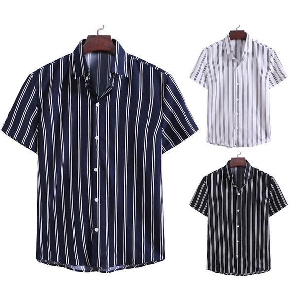 

shirts for men's casual fit striped black white stripes short sleeve streetwear fashion vintage male classic button, White;black