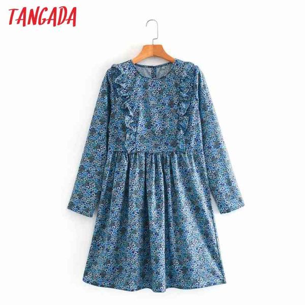 

fashion women blue flowers print ruffles long sleeve casual ladies midi dress xn99 210416, Black;gray