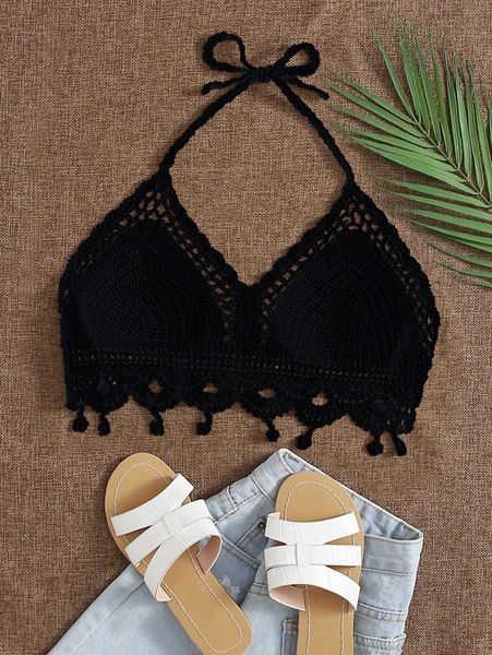

scallop trim knot halter bikini 10bt#, White;black